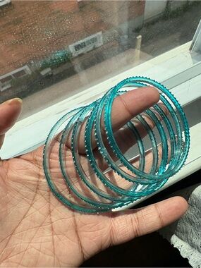 Turquoise Crystal-Accent Glass Kashmiri Bangle Set - Women